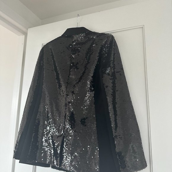 Cinq à Sept Sequins Blazer Jacket Complementary Satin Lapel Collar Black - Picture 4 of 8